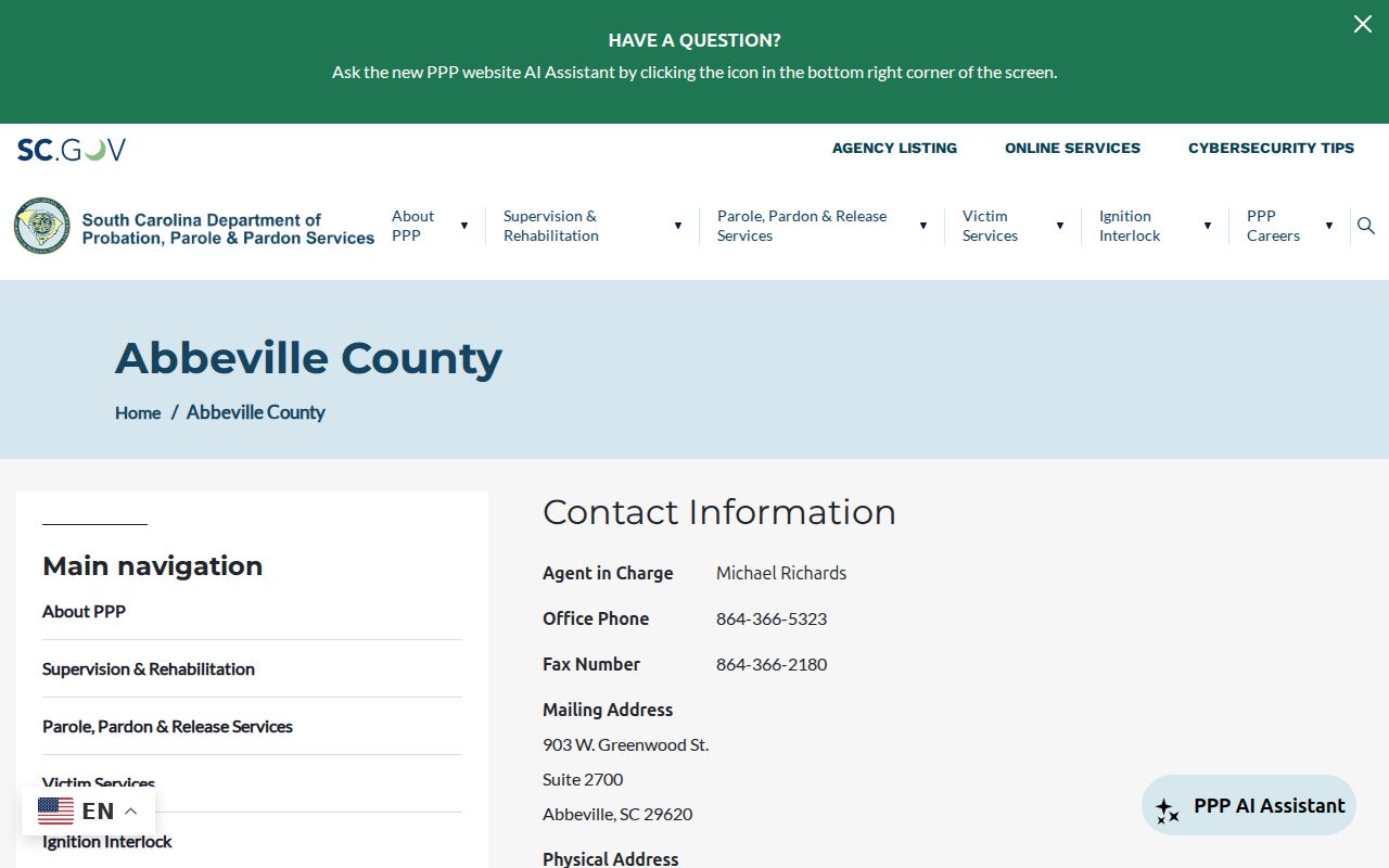 Abbeville County criminal supervision records at the DPPPS office