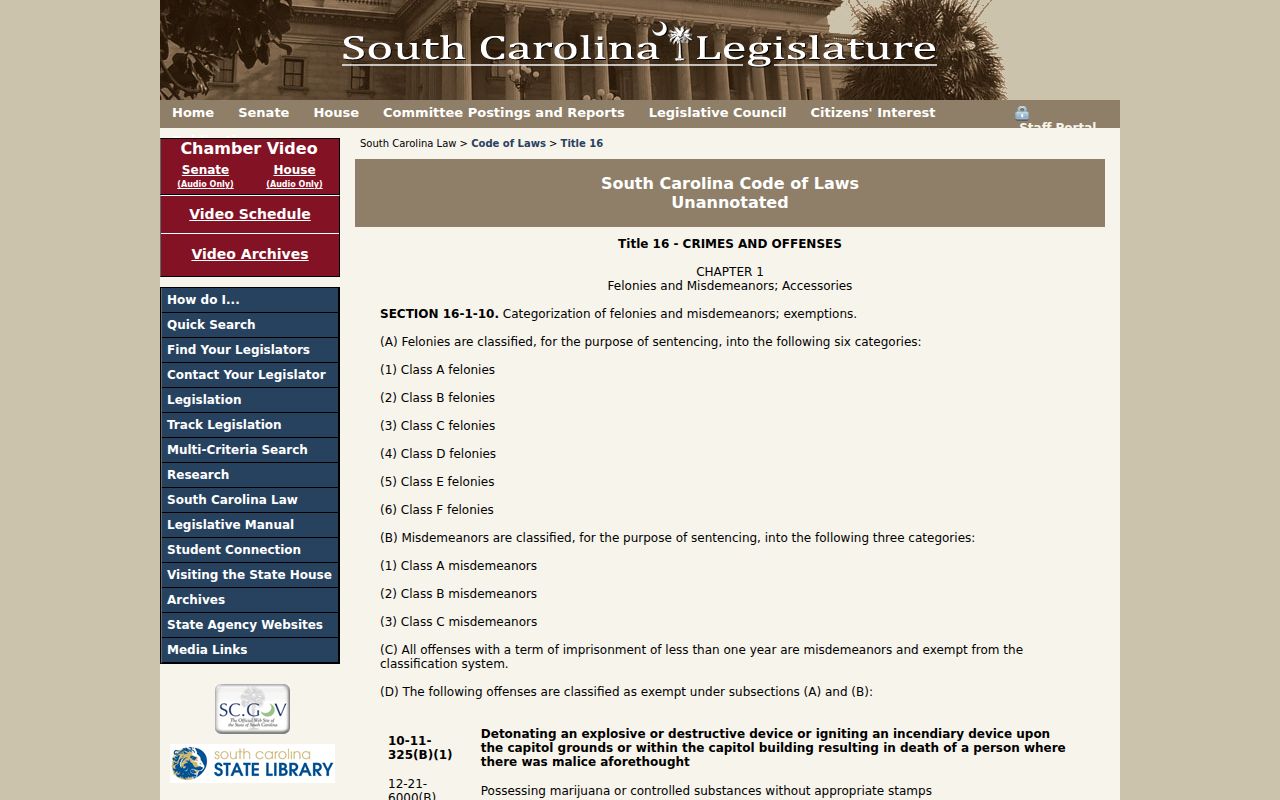 Official South Carolina criminal offense classification statutes