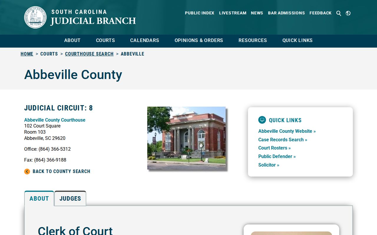 South Carolina Judicial Branch profile for the Abbeville County courthouse