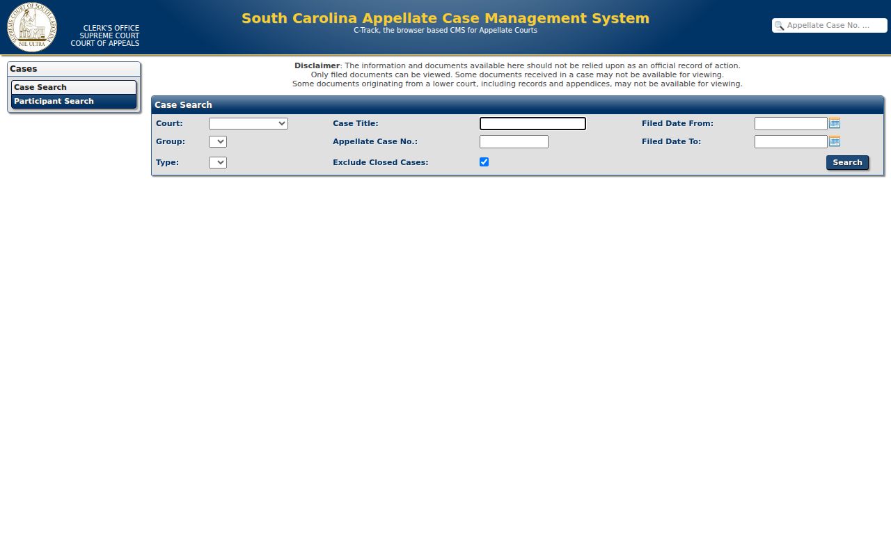 South Carolina Judicial Branch public appellate case search