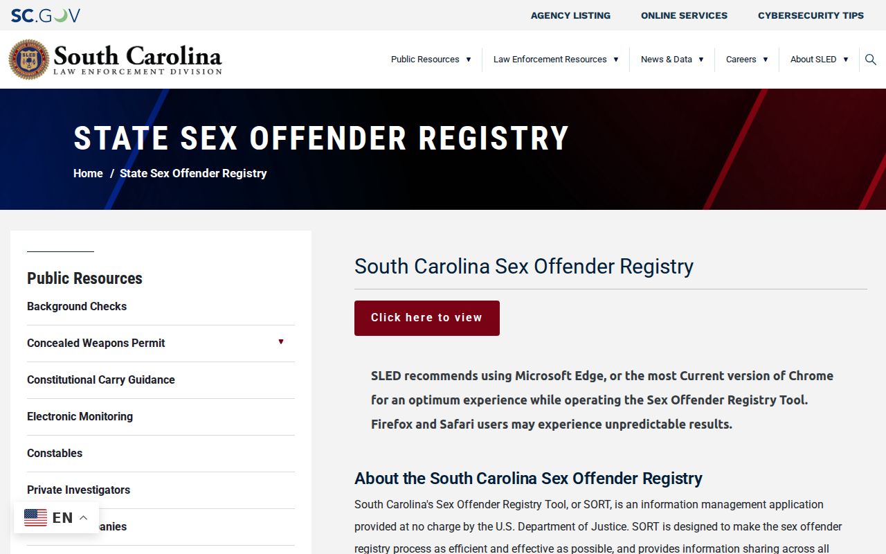 South Carolina SLED page for entering the SORT sex offender registry